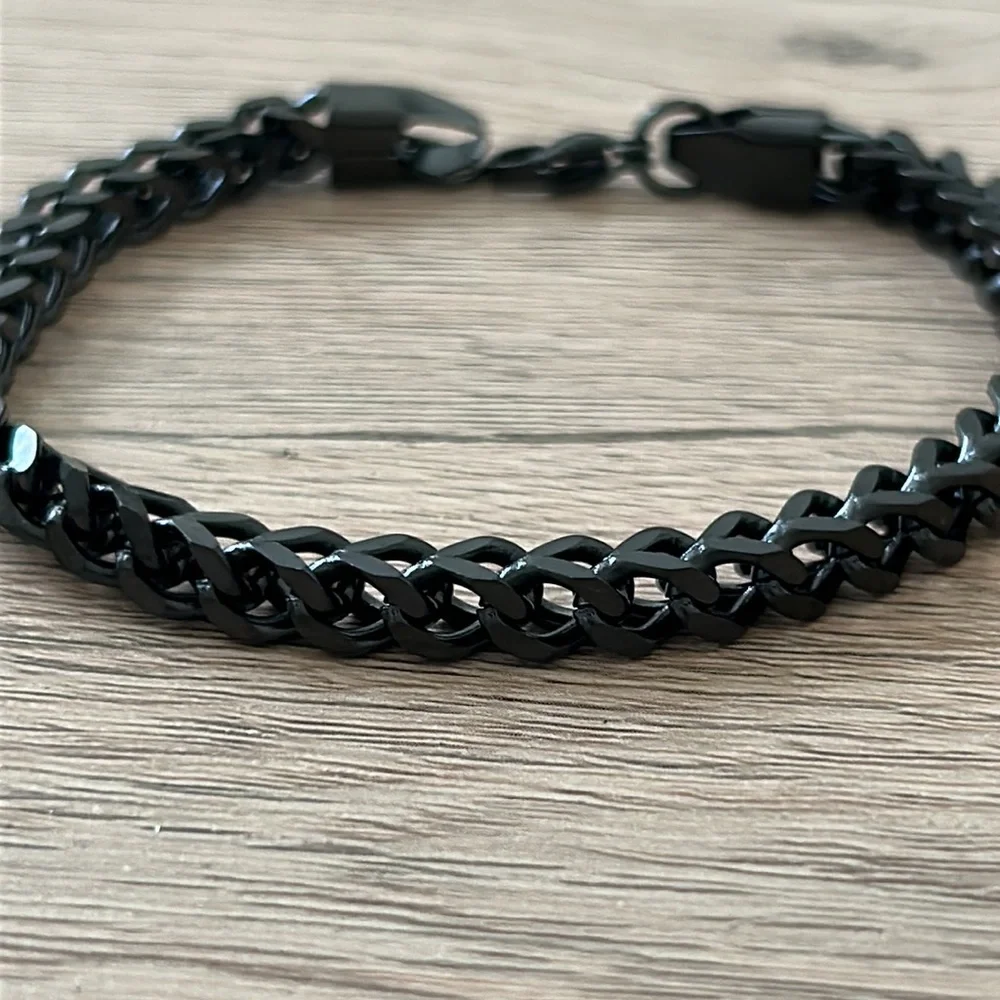NWT Men's Black Stainless Steel Foxtail Wheat Chain Link Bracelet Bold Sleek